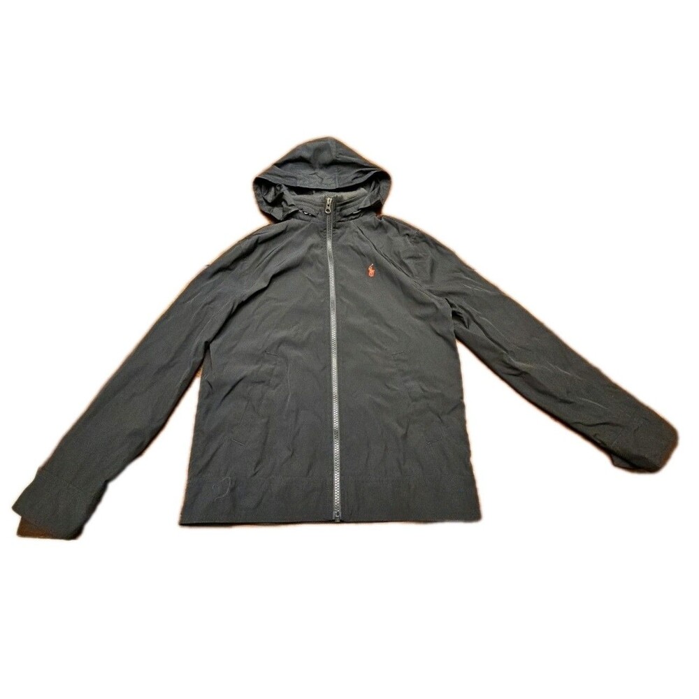 Polo Ralph Lauren Black Packable Hood Windbreaker Jacket Jockey, Size M 10-12
